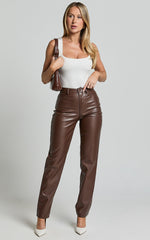 Dilyenne Pant - Mid Waist Straight Leg Faux Leather Pant in Chocolate