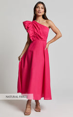 Dixie Midi Dress - Linen Look One Shoulder Ruffle Dress in Raspberry