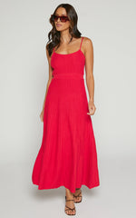Donissa Midi Dress - Panelled Knit Dress in Cherry Red