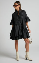 Elowen Mini Dress - Button Up Asymmetrical Tiered Smock Dress in Black