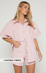 Elsa Two Piece Set - Oversized Button Through Short Sleeve Shirt High Waisted Shorts in Pale Pink