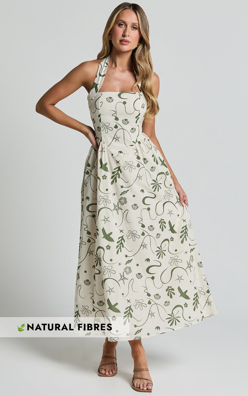 Elsie Maxi Dress - Fit & Flare Halter Neck Maxi Dress in Sage Print