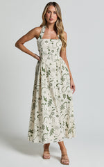 Elsie Maxi Dress - Fit & Flare Halter Neck Maxi Dress in Sage Print