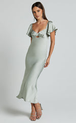 Emberlynn Midi Dress - Flutter Sleeve Cut Out Satin Dress in Sage