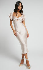 Emberlynn Midi Dress - Flutter Sleeve Cut Out Satin Dress in Champagne