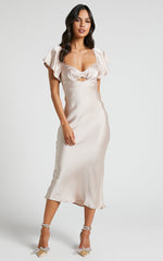 Emberlynn Midi Dress - Flutter Sleeve Cut Out Satin Dress in Champagne