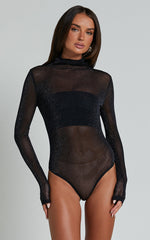 Francesca Bodysuit - Long Sleeve High Neck Glitter Sheer Bodysuit in Black