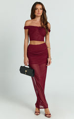 Francine Two Piece Top and Skirt Set - Twist Front Top and Mid Waist Gathered Maxi Skirt in Wine