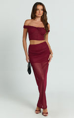 Francine Two Piece Top and Skirt Set - Twist Front Top and Mid Waist Gathered Maxi Skirt in Wine