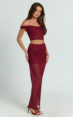 Francine Two Piece Top and Skirt Set - Twist Front Top and Mid Waist Gathered Maxi Skirt in Wine