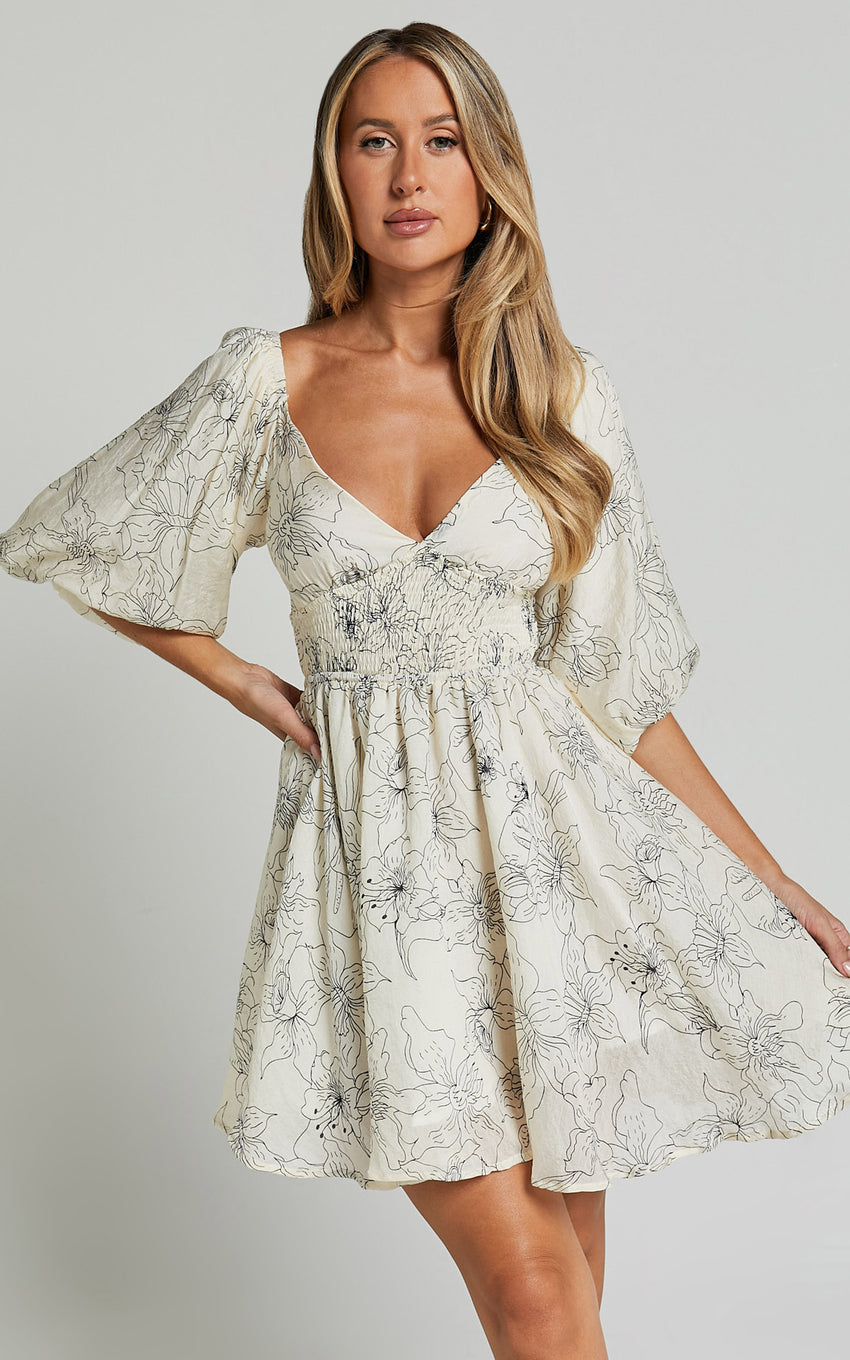 Geeniva Mini Dress - V Neck Tie Back Puff Sleeve Babydoll Dress in Cream Stencil Floral