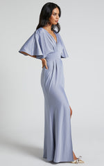 Gemalyn Maxi Dress - Angel Sleeve V Neck Split Dress in Sky Blue