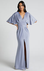 Gemalyn Maxi Dress - Angel Sleeve V Neck Split Dress in Sky Blue