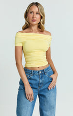 Gena Top - Off Shoulder Gathered Short Sleeve Top in Pastel Yellow