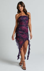 Ghelyn Midi Dress - Mesh Strapless Ruffle Detail Bodycon Dress in Purple