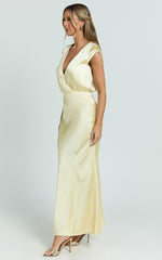 Hailey Midi Dress - Cap Sleeve V Neck Dress in Lemon