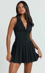Hannah Mini Dress - Tailored Button Down Pleated Mini Dress in Black