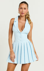 Hannah Mini Dress - Tailored Button Down Pleated Mini Dress in Blue