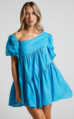 Harleen Mini Dress - Linen Asymmetrical Trim Puff Sleeve Dress in Blue
