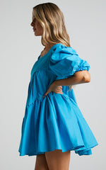 Harleen Mini Dress - Linen Asymmetrical Trim Puff Sleeve Dress in Blue