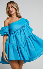 Harleen Mini Dress - Linen Asymmetrical Trim Puff Sleeve Dress in Blue