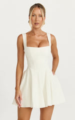 Harmony Mini Dress - Wide Strap Square Neck Fit And Flare Dress in Off White
