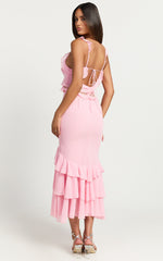 Hattie Midi Dress - Ruffle Detail V Neck Dress in Pink