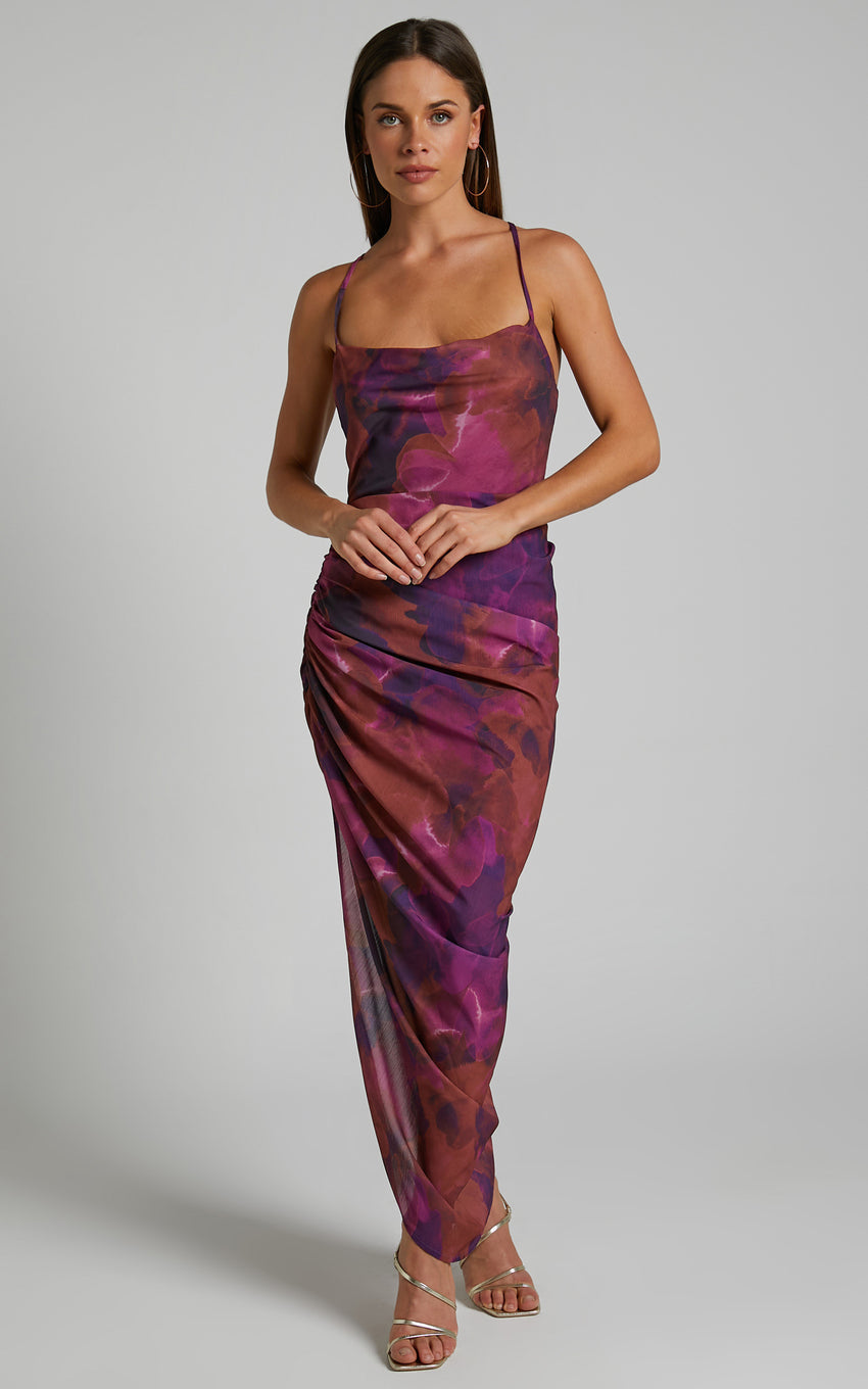 Hermae Midi Linen Blend Dress - Ruched Side Split Tie Back Slip Dress in Blurred Dreams
