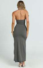 Honey Maxi Dress - Halter Plunge Bodycon Dress in Charcoal