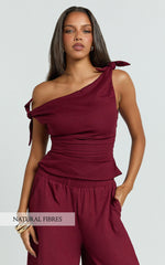 Ivy Top - Linen Off Shoulder Tie Top in Berry
