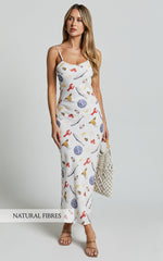 Jamilla Midi Dress - Bias Cut Linen Midi Slip Dress in Seaside Print