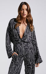 Janissa Shirt - Long Sleeve Satin Shirt in Black and White Linear