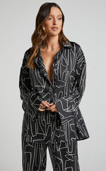 Janissa Shirt - Long Sleeve Satin Shirt in Black and White Linear