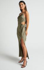 Jaylani Midi Dress - One Shoulder Thigh Split Gathered Satin Dress in Dark Olive
