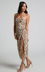 Jessell Midi Dress - High Split Strapless Dress in Beige Floral