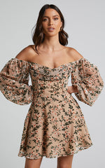 Jessell Mini Dress - Long Sleeve Cowl Corset Dress in Beige Floral