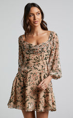 Jessell Mini Dress - Long Sleeve Cowl Corset Dress in Beige Floral
