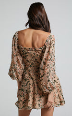 Jessell Mini Dress - Long Sleeve Cowl Corset Dress in Beige Floral