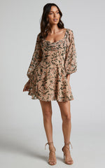 Jessell Mini Dress - Long Sleeve Cowl Corset Dress in Beige Floral
