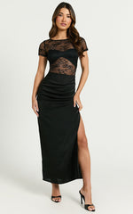 Jonna Midi Dress - Short Sleeve Boat Neck Lace Midi Dress in Black