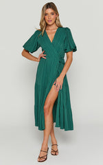 Junmae Midi Dress - Tiered Waffle Wrap Dress in Forest Green