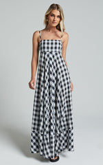 Katrien Maxi Dress - Strappy Empire Waist Flare Dress in Black and White Check