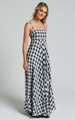 Katrien Maxi Dress - Strappy Empire Waist Flare Dress in Black and White Check