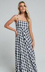 Katrien Maxi Dress - Strappy Empire Waist Flare Dress in Black and White Check