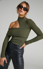 Kiefer Top - Asymmetric Long Sleeve Cutout Top in Khaki