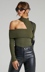 Kiefer Top - Asymmetric Long Sleeve Cutout Top in Khaki