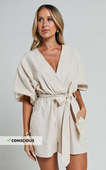 Kiro Playsuit - Linen V Neck Puff Sleeve Tie Waist Playsuit in Biscuit