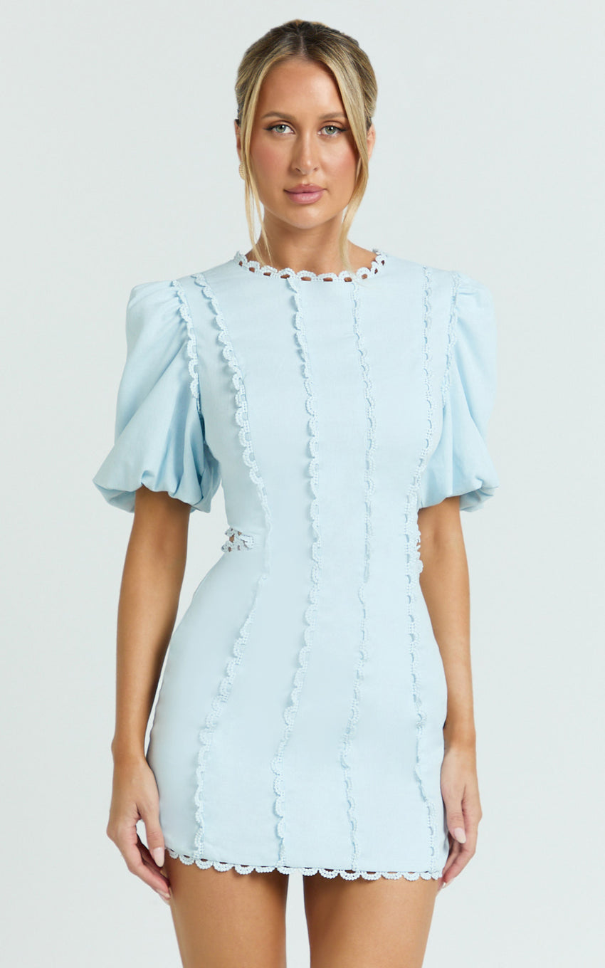 Laila Mini Linen Blend Dress - High Neck Side Cut Out Puff Sleeve Straight Dress in Blue