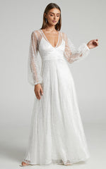 Leauna Bridal Gown - Sheer Long Sleeve Deep V Neck Embellished Tulle Gown in Ivory