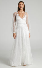 Leauna Bridal Gown - Sheer Long Sleeve Deep V Neck Embellished Tulle Gown in Ivory